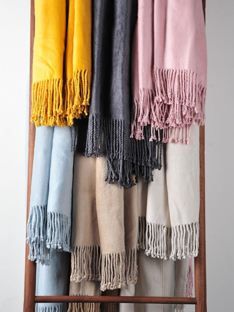 EP Mode Fringed Mulberry Silk Throw Blanket for Sofa (Rugby Tan) - Image 5